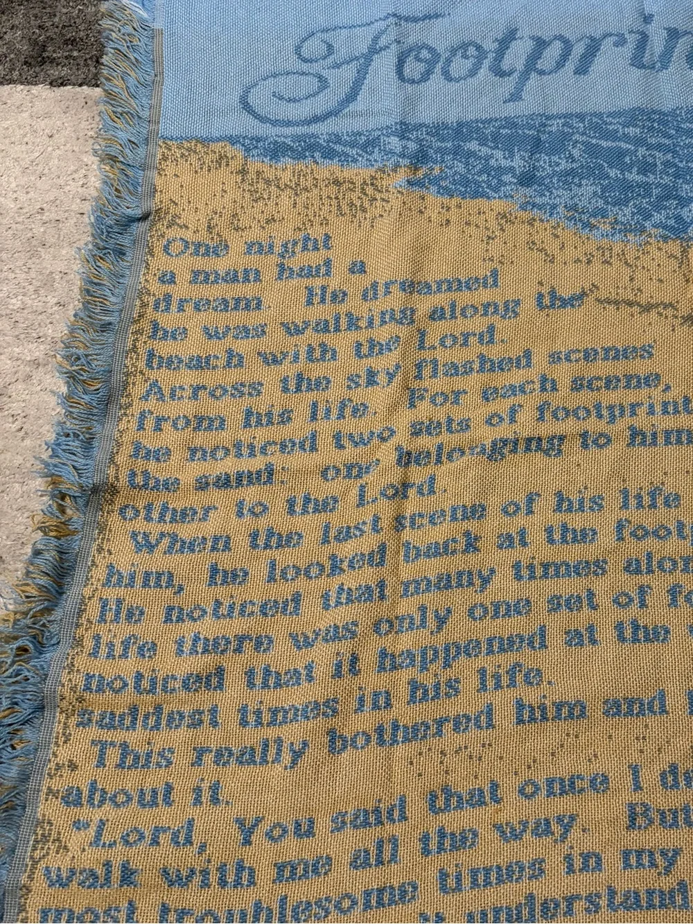 Vtg Footprints/Walk with Thee Jacquard Woven Throw Blanket Tapestry Style 51x41